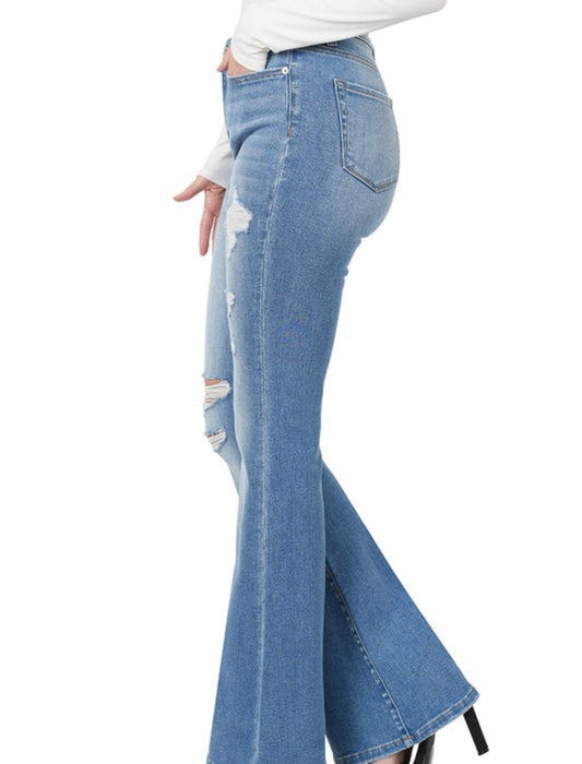 Jade ~ Lite Wash Distressed Flare Jeans