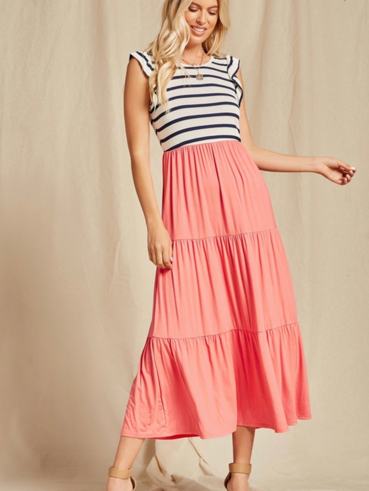 The Sweetest Thing ~ Coral Striped Midi Dress with Flutter Sleeve