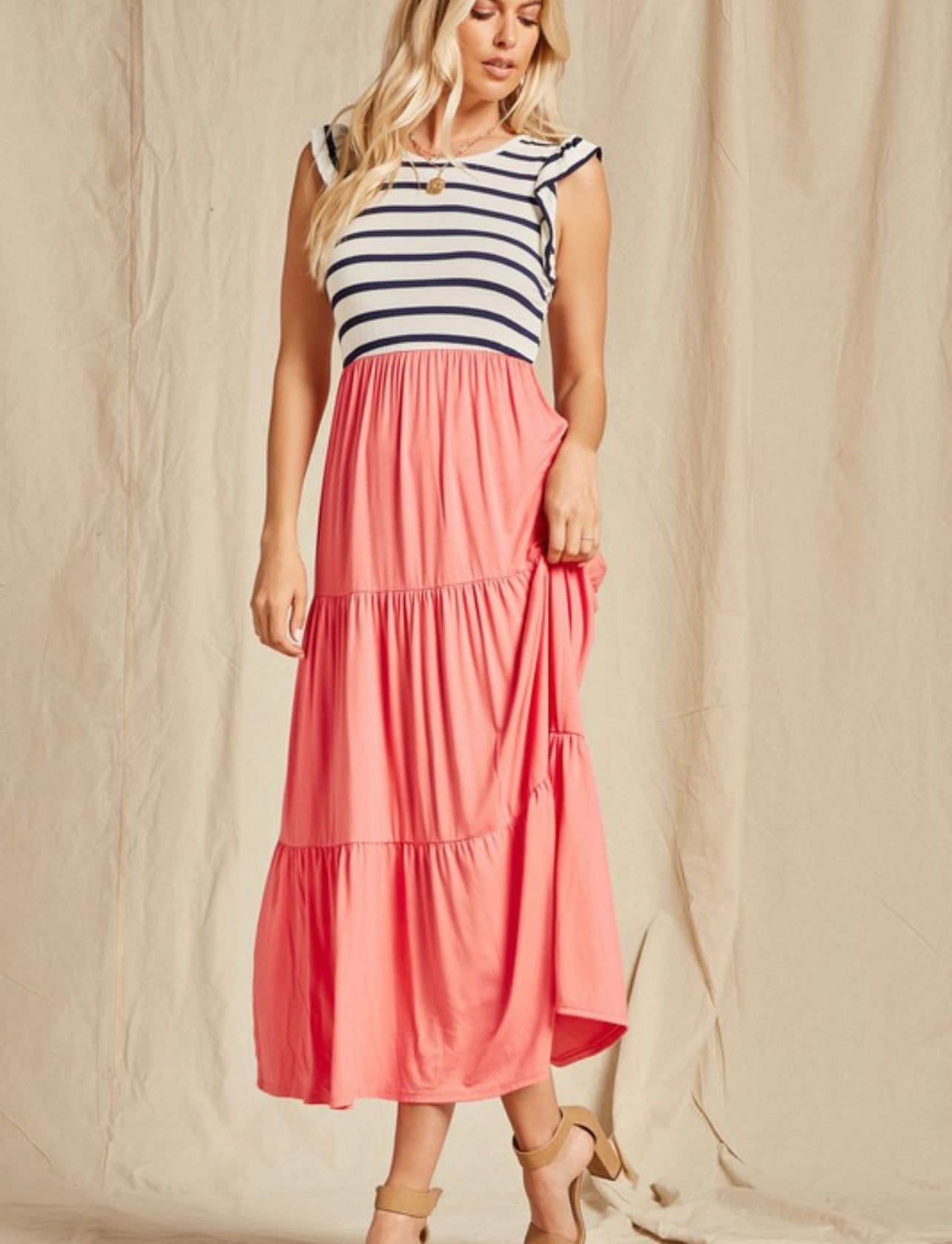 The Sweetest Thing ~ Coral Striped Midi Dress with Flutter Sleeve