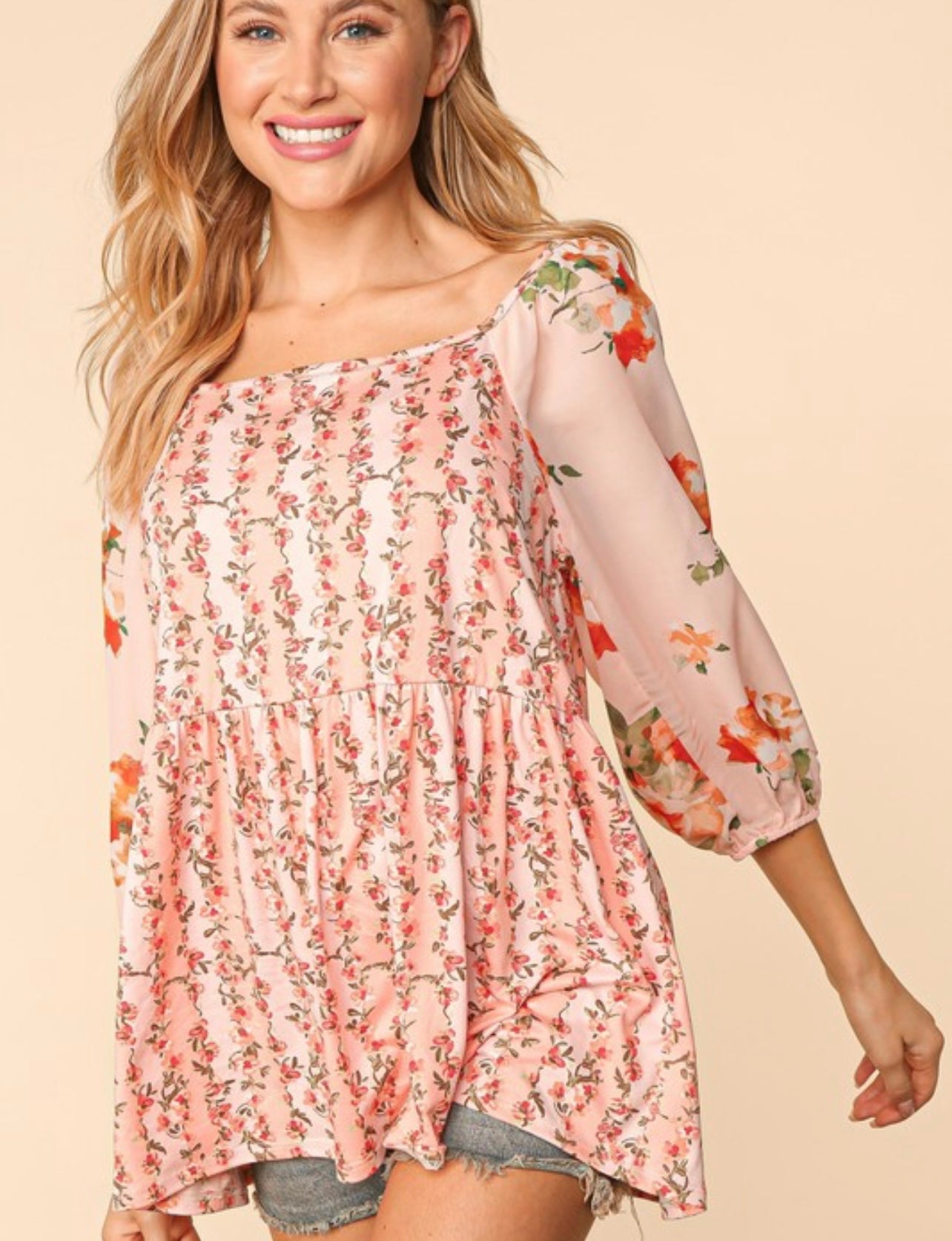 Blakely ~ Floral Square Neck Top - Regular and Curvy Sizes