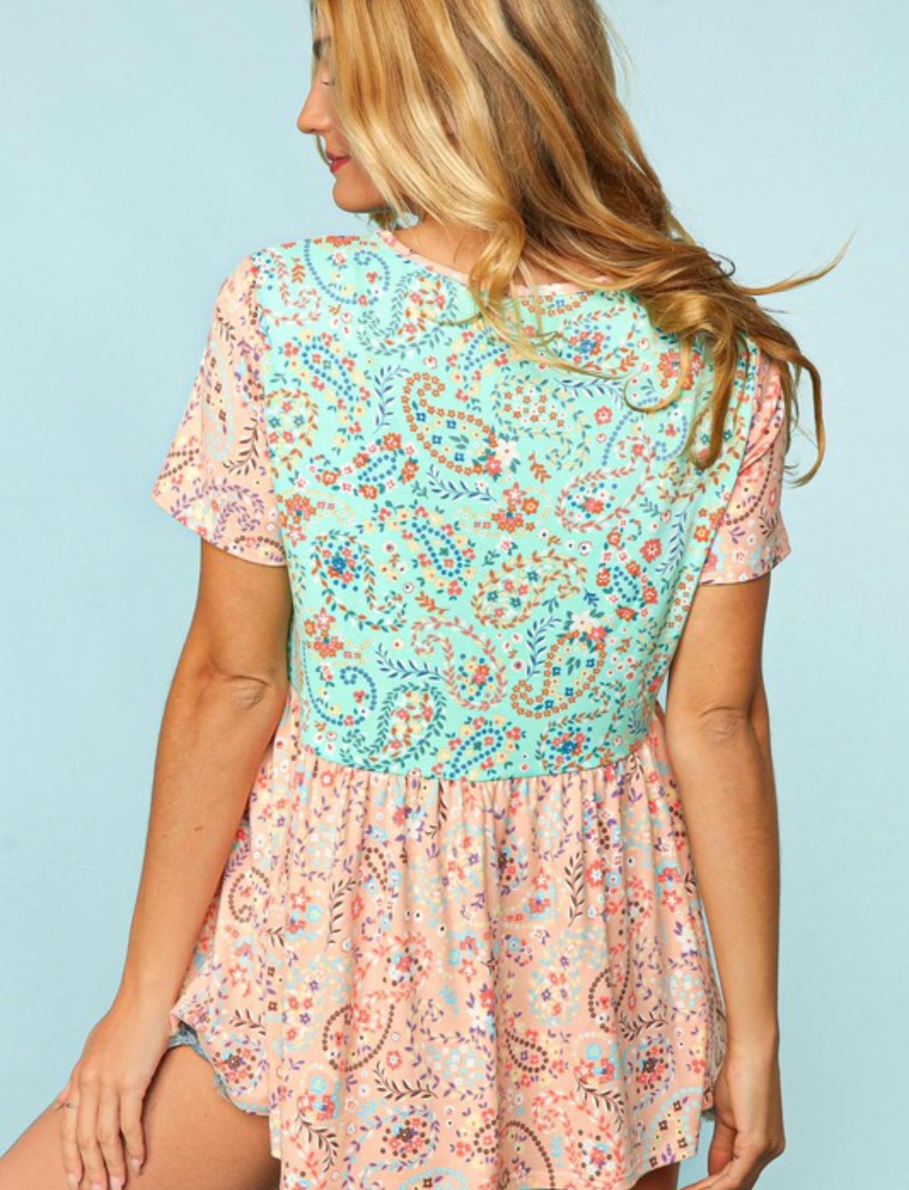 Nellie ~ Mint and Peach Paisley Print Babydoll top