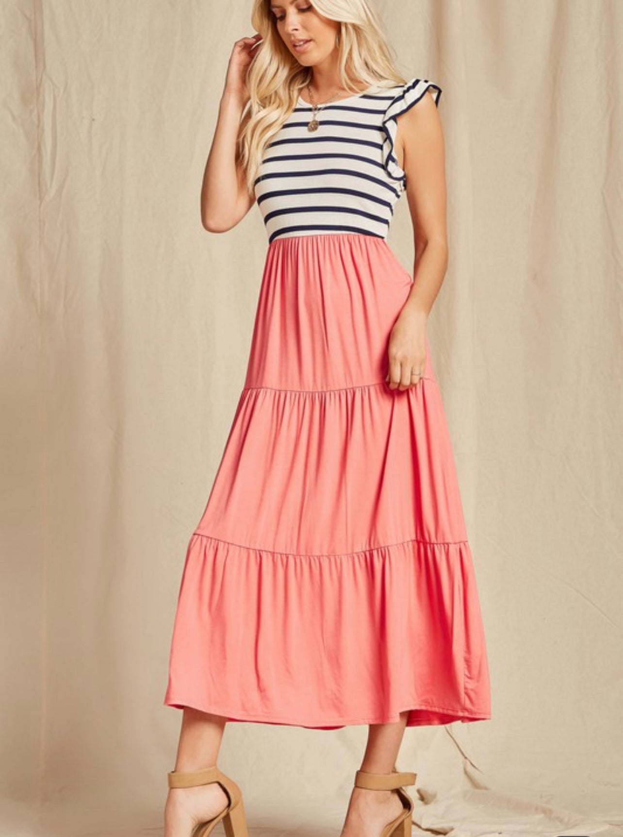 The Sweetest Thing ~ Coral Striped Midi Dress with Flutter Sleeve