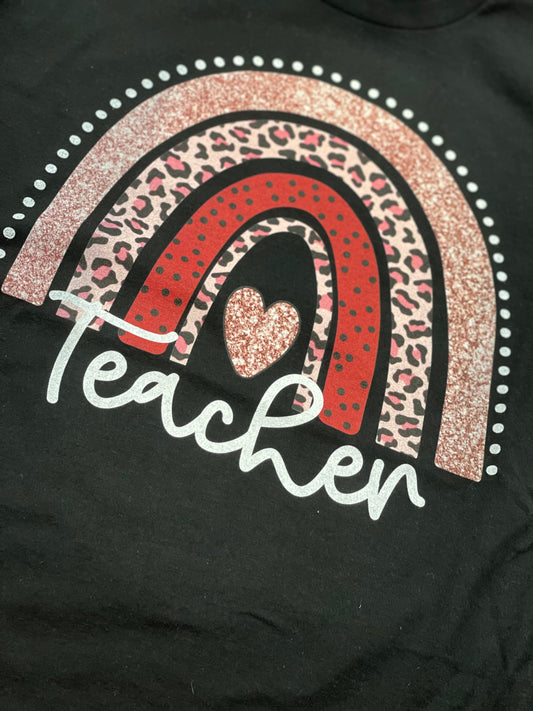 Teacher ~ Pink Leopard Rainbow Graphic Tee