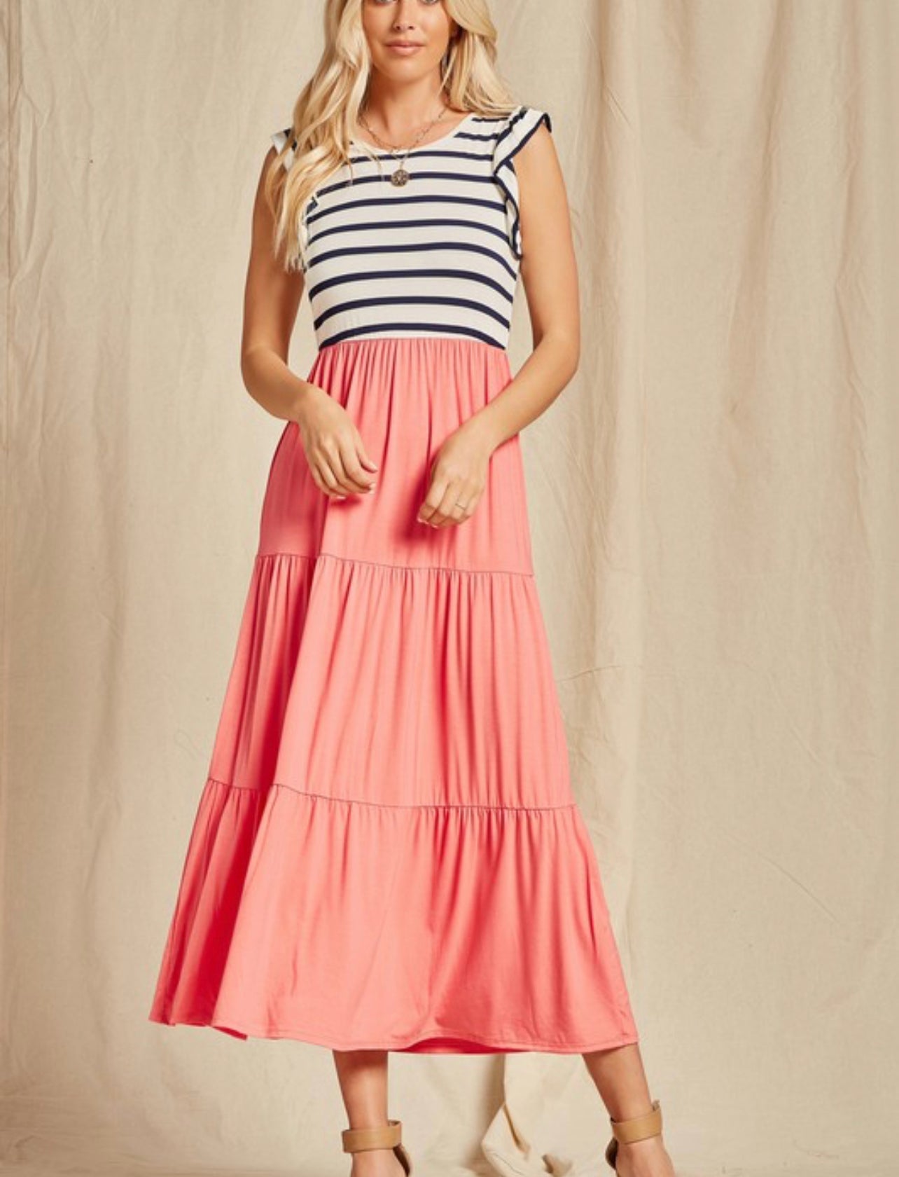 The Sweetest Thing ~ Coral Striped Midi Dress with Flutter Sleeve