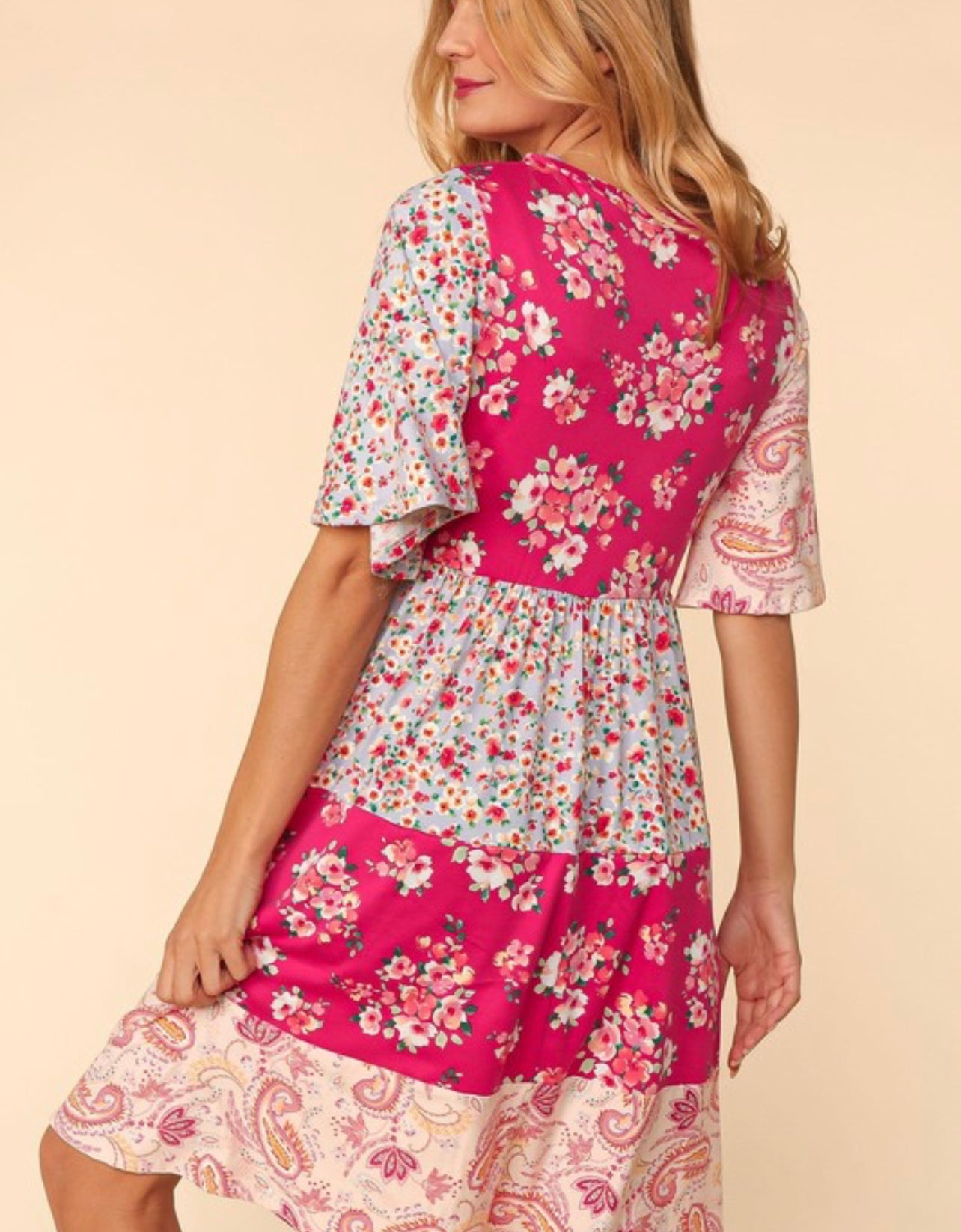 Sophia ~Hot Pink and Floral Patchwork Dress - Regular and Curvy Sizes