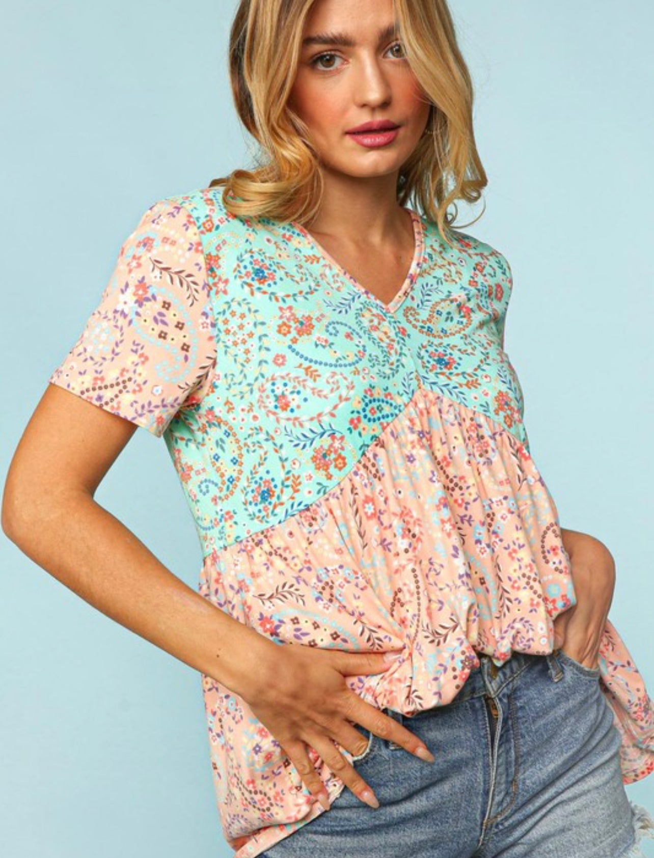 Nellie ~ Mint and Peach Paisley Print Babydoll top