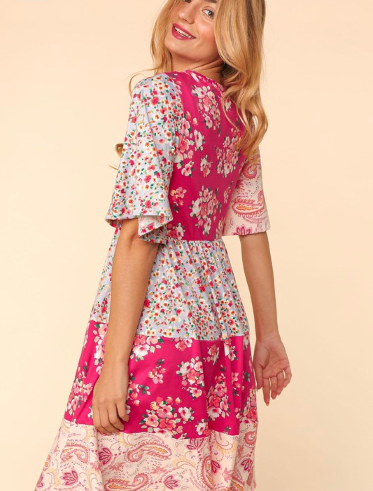 Sophia ~Hot Pink and Floral Patchwork Dress - Regular and Curvy Sizes