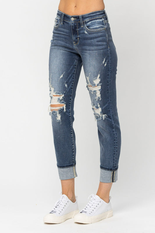 Judy Blue ~ Distressed Mid Rise Cuffed Jeans