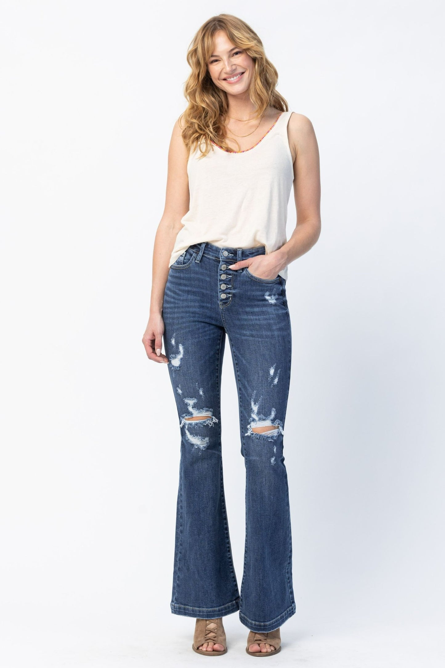 Judy Blue ~  Midrise Button Flare Jeans